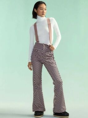 Cynthia Rowley Geometric Knit Flared Ski Pants Adjustable Suspenders